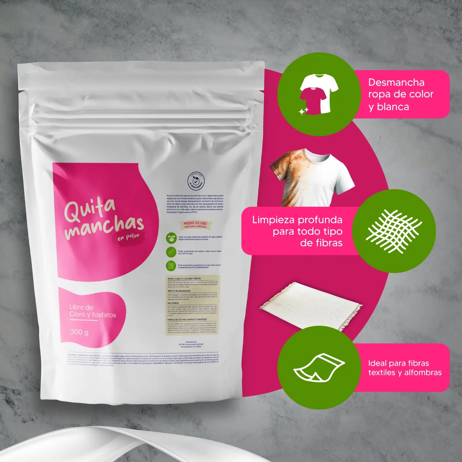 Bolsa blanca de quitamanchas en polvo de 300 gramos, con diseño rosa e íconos de lavado, ideal para ropa de color, blanca, textiles y alfombras.