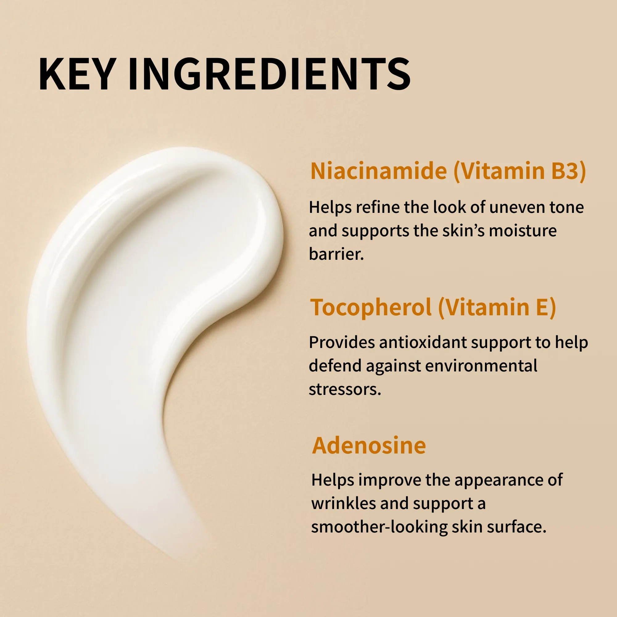 Crema facial blanca sobre fondo beige con lista de ingredientes activos: Niacinamida, Tocopherol y Adenosina con sus beneficios.
