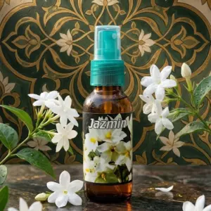 Atomizador ámbar de 60 ml con fragancia de jazmín natural, sobre superficie de mármol con flores blancas y fondo ornamental verde y dorado.