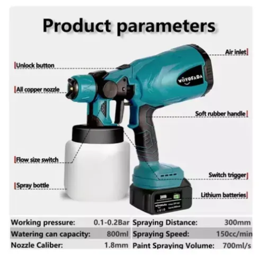 Pistola pulverizadora eléctrica inalámbrica color turquesa con batería de 48V, boquilla de cobre, depósito de 800ml y especificaciones técnicas detalladas.