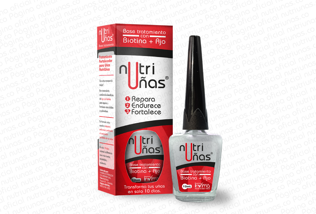 Base de tratamiento Nutriuñas con biotina y ajo, en caja y frasco de vidrio de 12 ml con tapa negra para reparar y fortalecer uñas débiles.