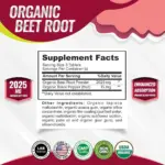 Suplemento de remolacha orgánica en tabletas, 2025 mg, con pimienta negra para absorción, bote de 30 porciones y certificación USDA Organic.