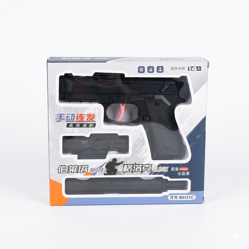 Caja de juguete táctico negro con pistola de hidrogel, mira telescópica y silenciador incluidos, ideal para actividades al aire libre.