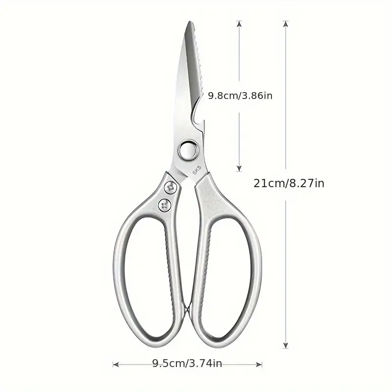 Tijeras de cocina plateadas de 21 cm con cuchillas dentadas para cortar carne, mango ergonómico y ancho de 9.5 cm.