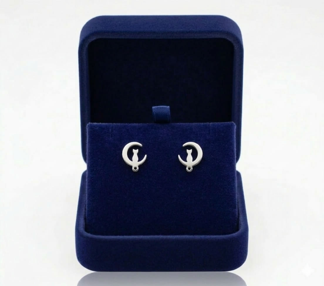 Aretes plateados de acero inoxidable con diseño de gato en luna creciente, presentados en un estuche de terciopelo azul.