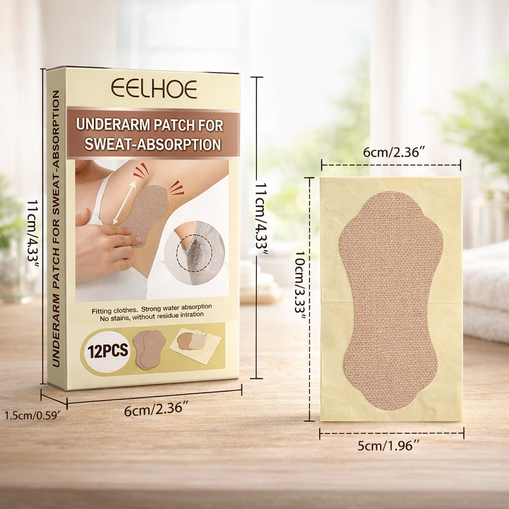 Caja beige de 12 parches adhesivos para axilas y una unidad extendida con medidas de 10x5 cm, ideal para absorber el sudor sin manchar la ropa