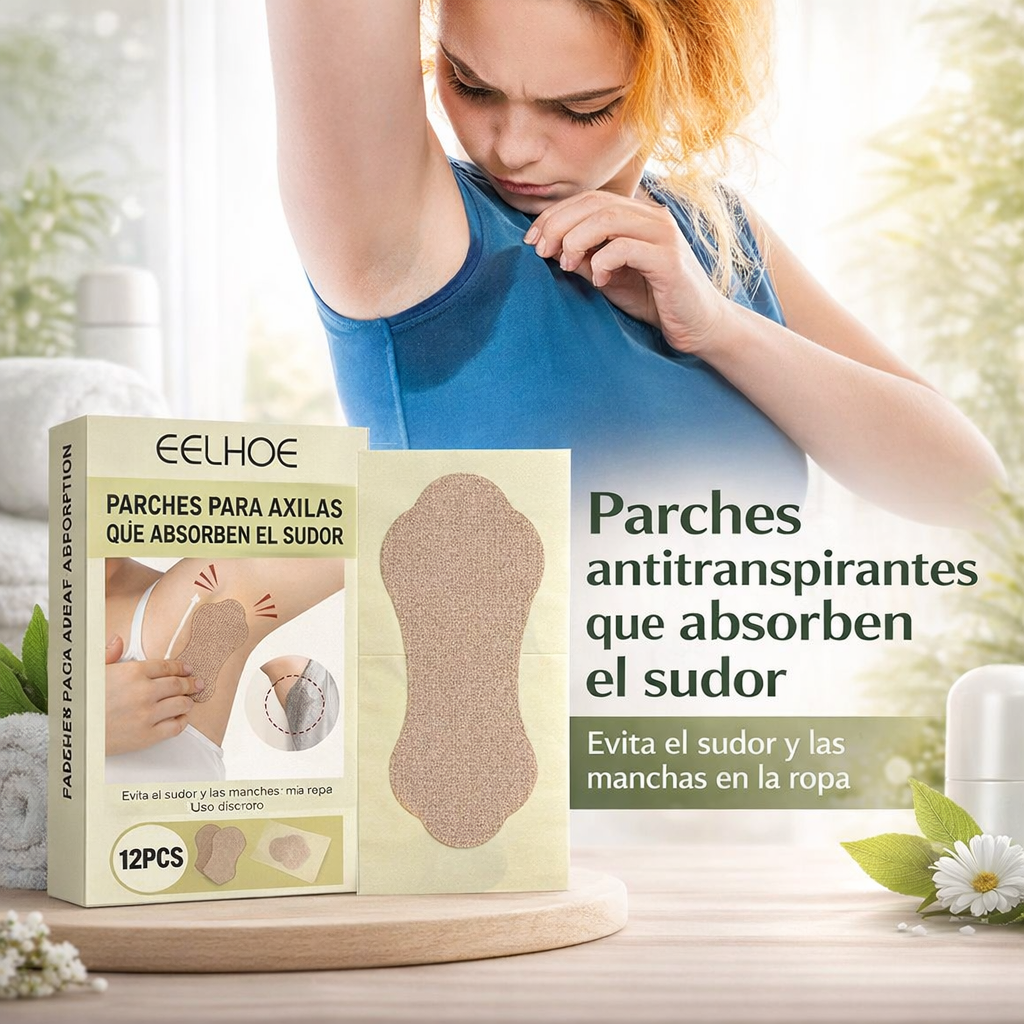 Caja de parches absorbentes para axilas EELHOE con 12 piezas beis y delgadas, junto a una mujer con sudoración visible en su blusa azul.
