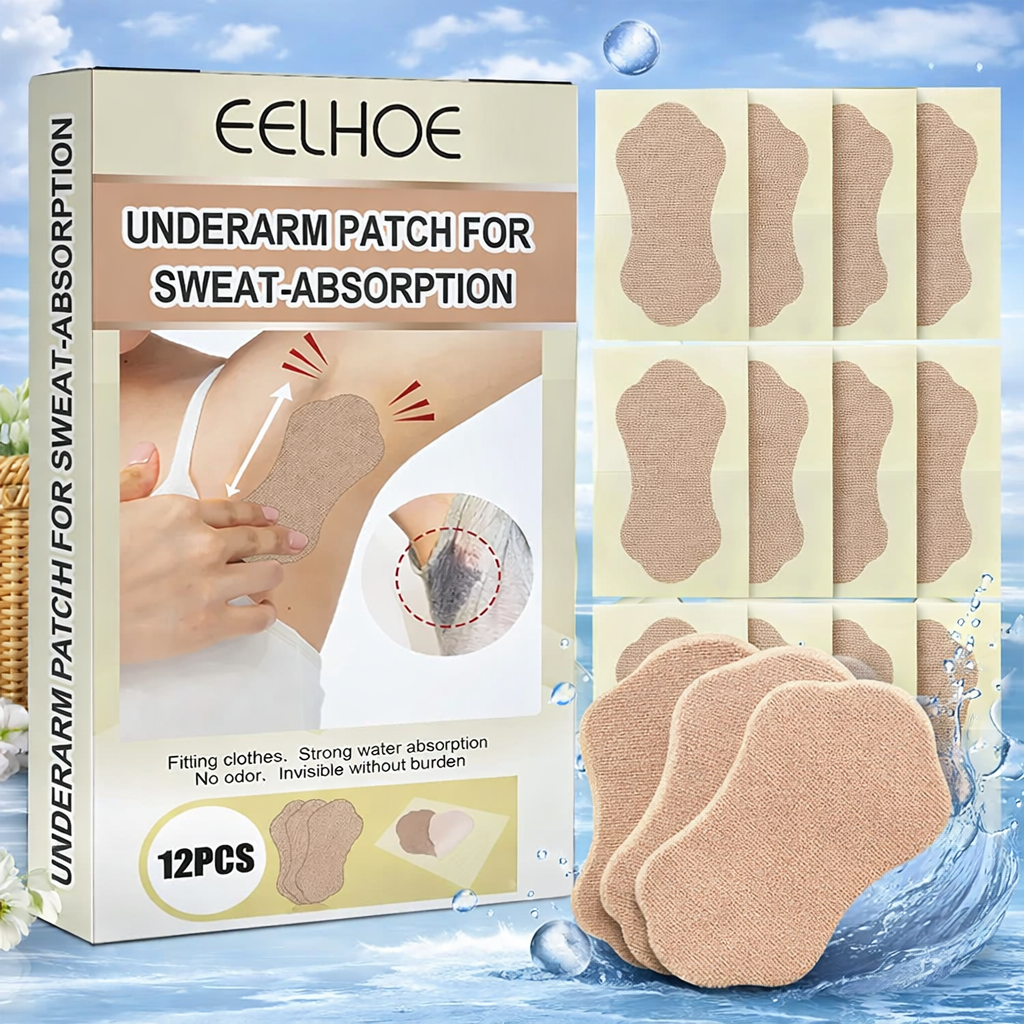 Caja de parches adhesivos absorbentes de sudor color beige con diseño contorneado y un conjunto de piezas dispuestas sobre un fondo azul claro