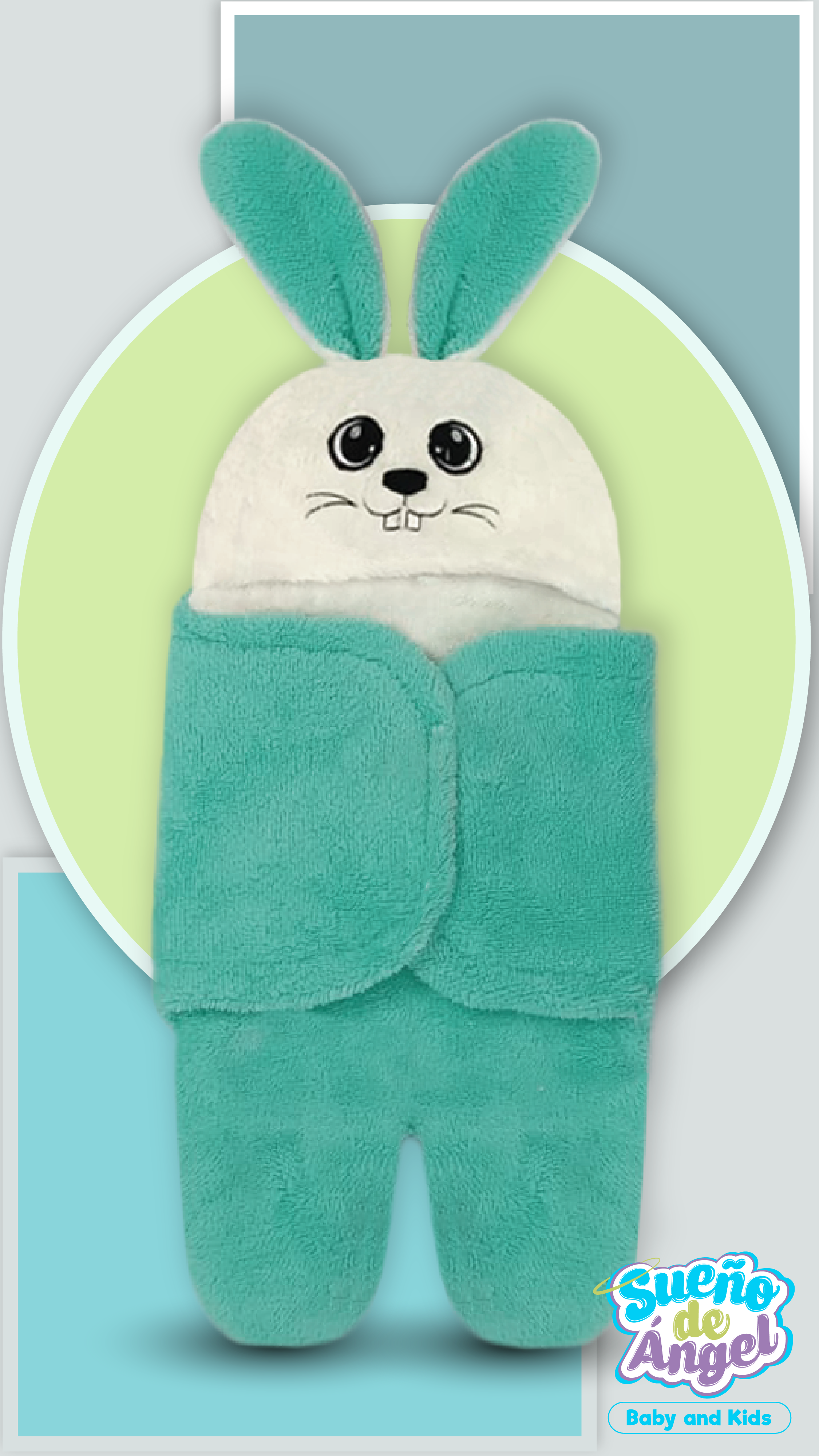 Saco de dormir infantil tipo cobija con capucha diseño de conejo en color verde menta y blanco, textura afelpada y pies separados.