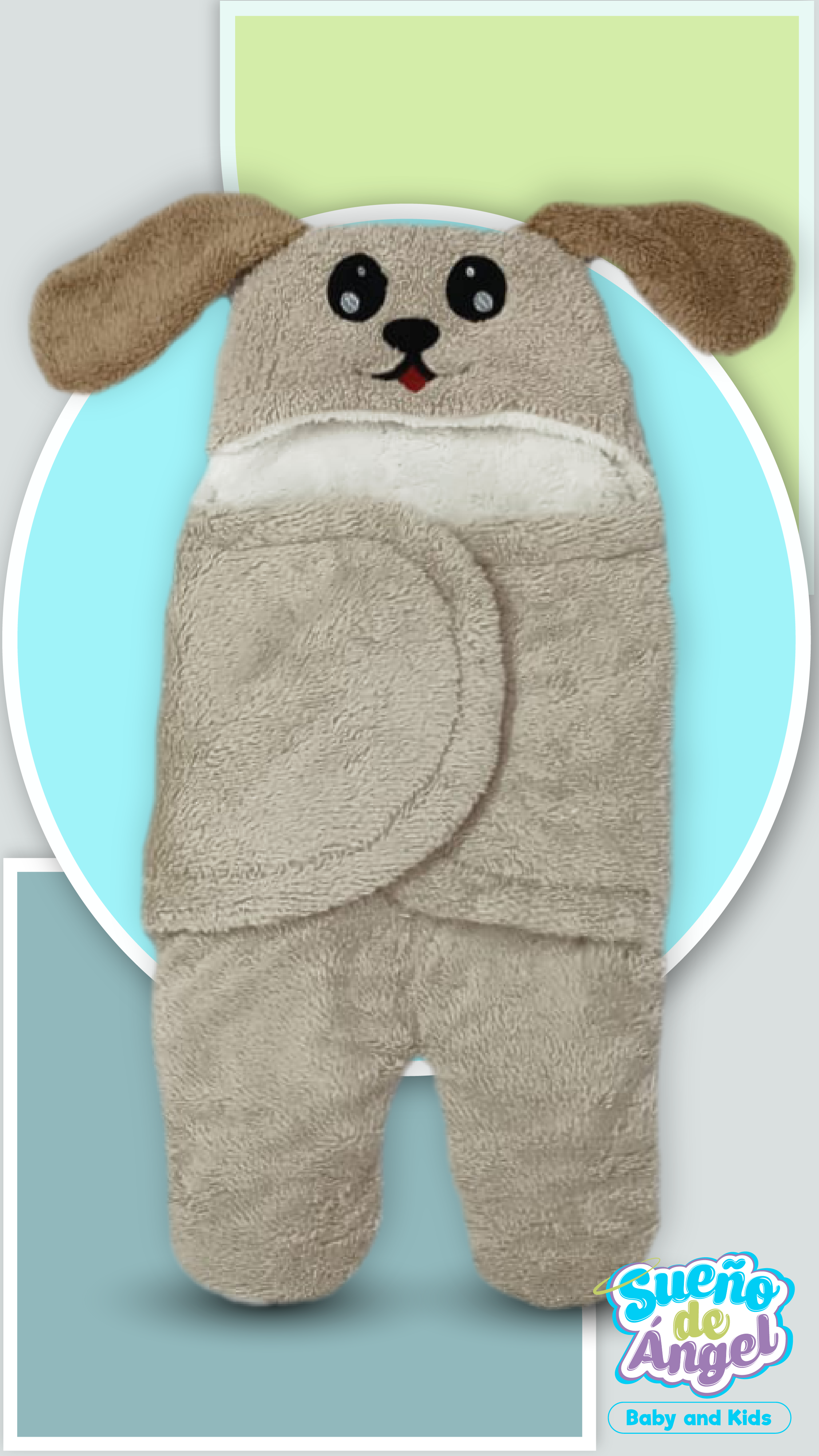 Saco de dormir infantil talla M de peluche color café con diseño de perrito, textura suave y cierre envolvente para abrigar al bebé.
