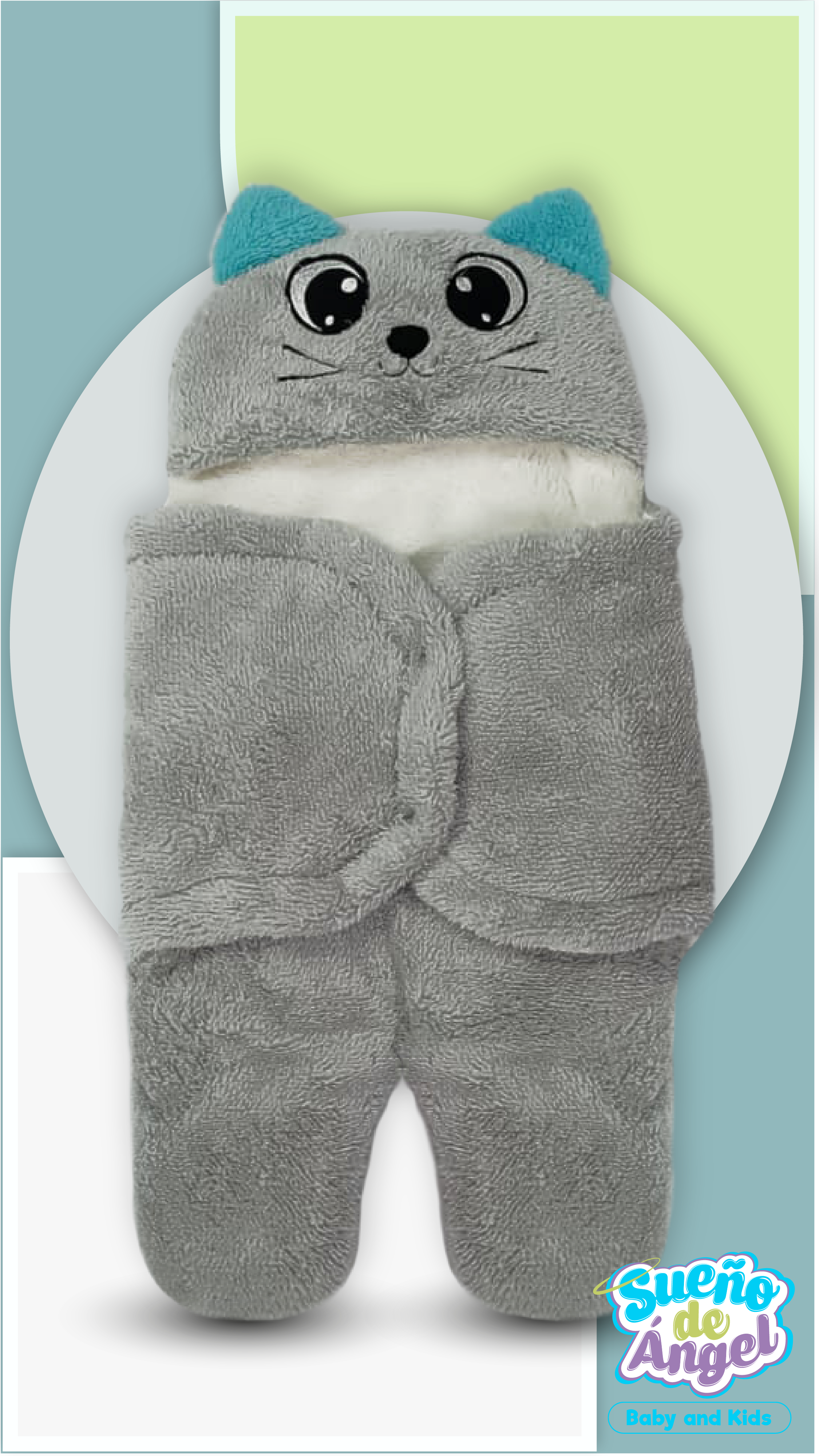 Saco de dormir gris de felpa para bebé con capucha de gatito orejas turquesas y forro blanco