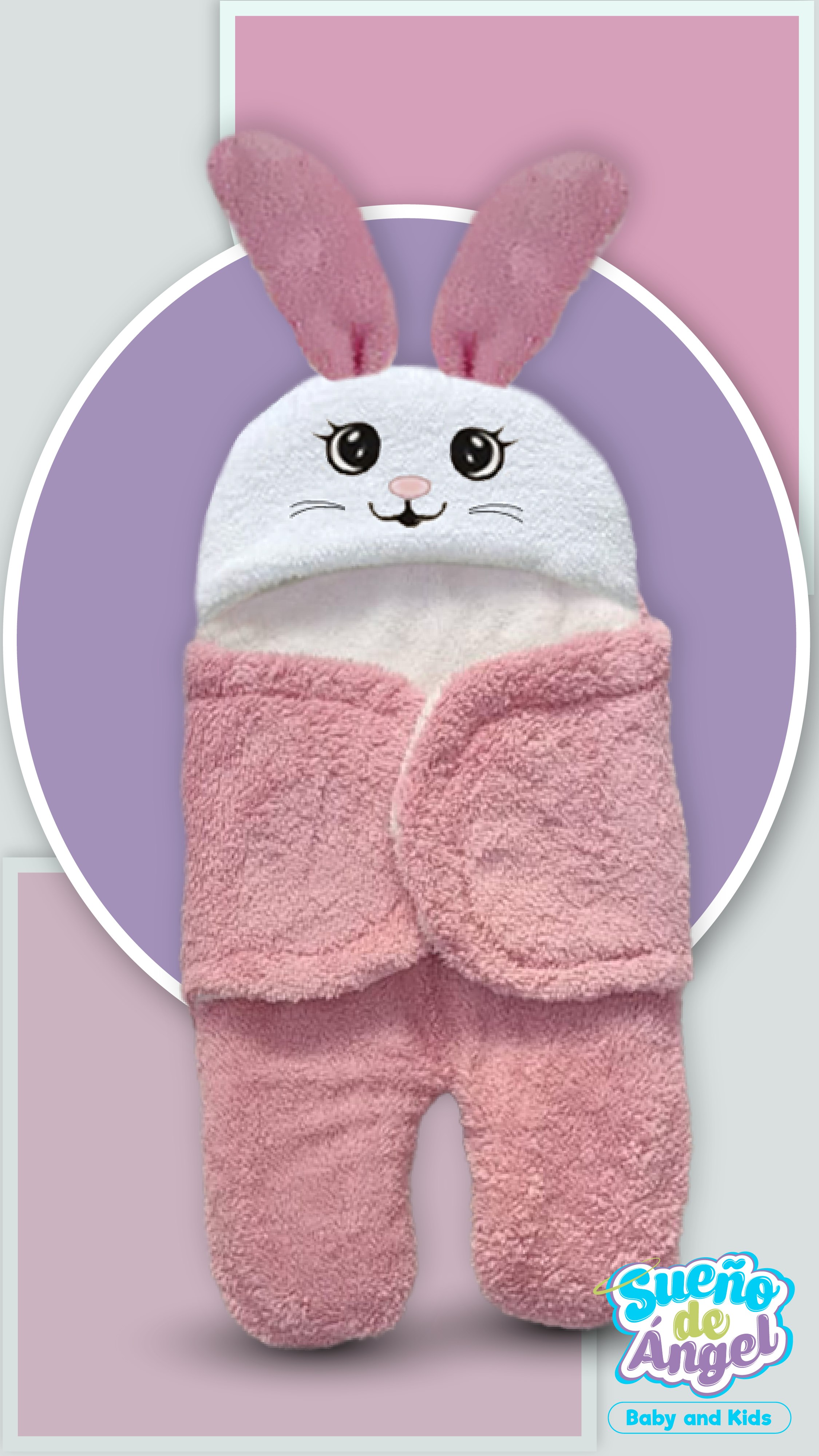 Saco de dormir infantil tipo cobija con gorro blanco de conejito, orejas largas afelpadas y cuerpo texturizado en tono rosa.