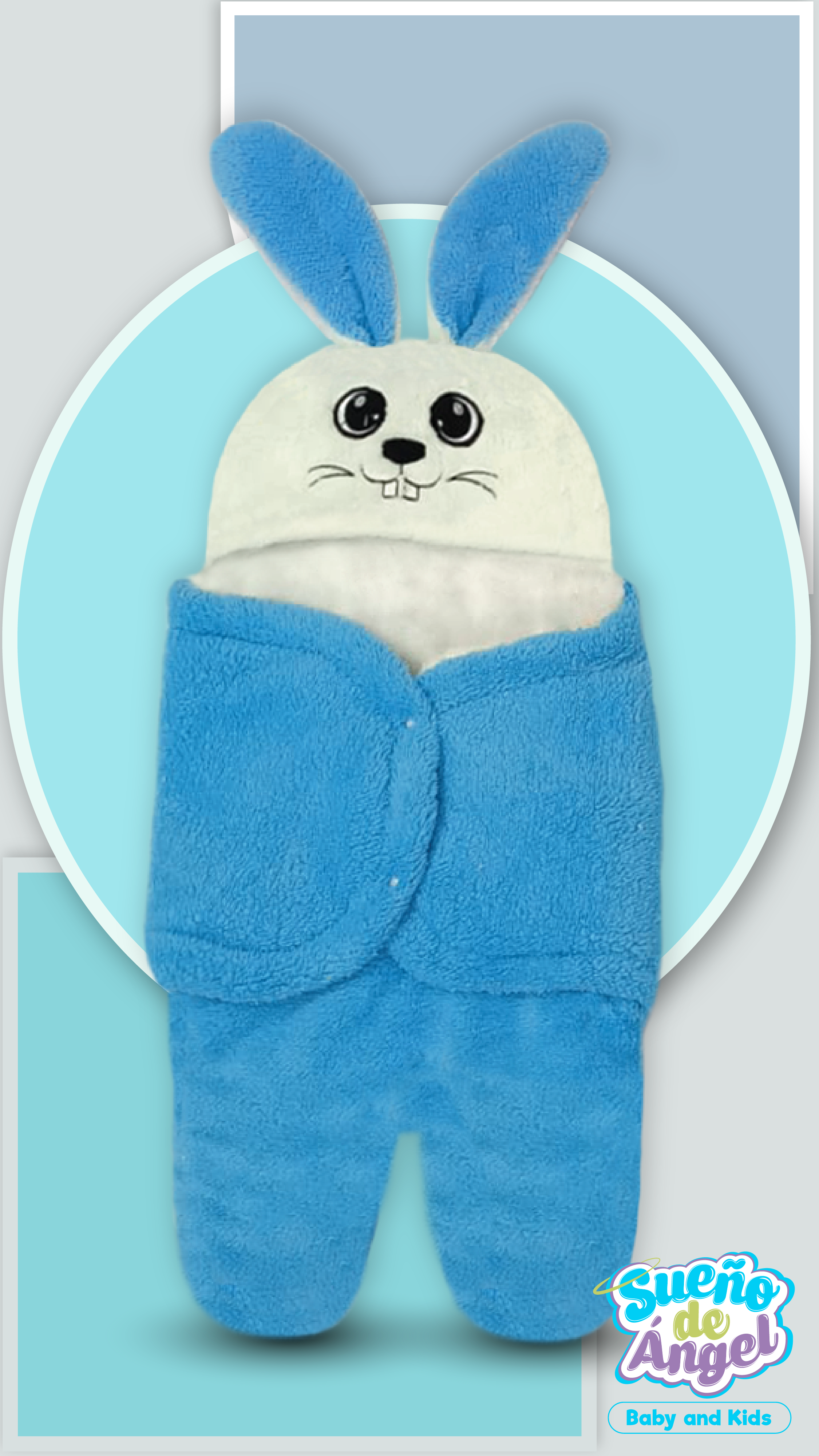 Saco de dormir infantil azul con capucha de conejo, orejas largas y bordado frontal, fabricado en tela suave para abrigar al bebé
