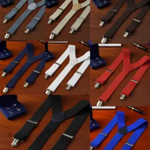 Set de tirantes elásticos ajustables para pantalón en varios colores sobre superficie de madera, con clips metálicos y caja de mancornas.