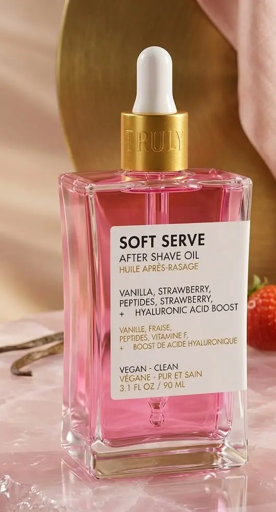 Botella rectangular de vidrio con aceite corporal rosa, gotero dorado y etiqueta blanca con texto en negro, sobre superficie rosada y fondo beige.