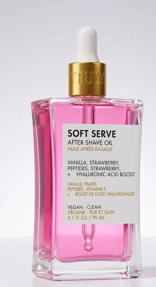 Aceite corporal post depilación rosado translúcido de 90 ml con gotero dorado, fórmula hidratante para prevenir vellos encarnados.