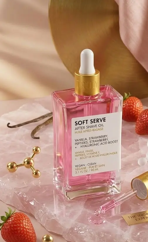 Frasco rectangular de vidrio con aceite corporal post depilación color rosa brillante, gotero dorado, sobre cuarzo rosa con fresas y vainilla.