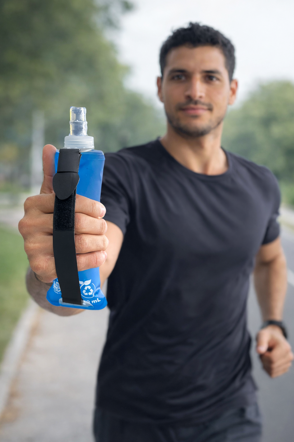 Termo plegable azul con correa negra para agarre seguro, sostenido por un corredor en un entorno deportivo al aire libre.