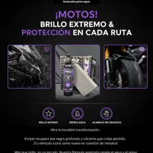 Set restaurador de partes negras para moto con botella de líquido y esponja gris, incluye protección UV y acabado brillante.