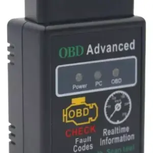 Escáner automotriz OBD2 Bluetooth negro con panel de luces LED, icono de motor amarillo y velocímetro para diagnóstico de fallas en tiempo real.