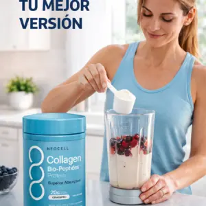 Mujer sonriente agregando con una cuchara medidora colágeno hidrolizado en polvo NeoCell Peptides de 283 g en un vaso con frutos rojos y licuadora en la cocina