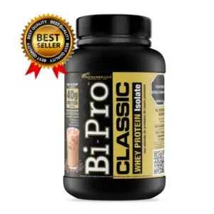 Tarro negro de proteína aislada de suero Bi-Pro Classic con etiqueta dorada, que destaca 40g de proteína y un sello de mejor vendido.