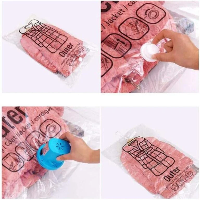 Bolsa organizadora al vacío para ropa colgante con válvula y bomba extractora, tono rosado compacto para colgar en armario.