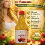 Botella de vinagre de sidra de manzana April Natural's de 750ml sobre tronco con manzanas frescas, rodeada de beneficios para la salud y mujer bebiendo.