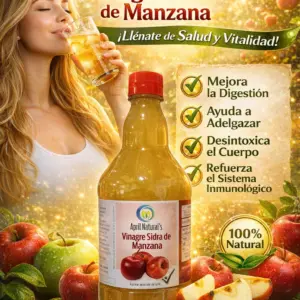 Botella de vinagre de sidra de manzana April Natural's de 750ml sobre tronco con manzanas frescas, rodeada de beneficios para la salud y mujer bebiendo.