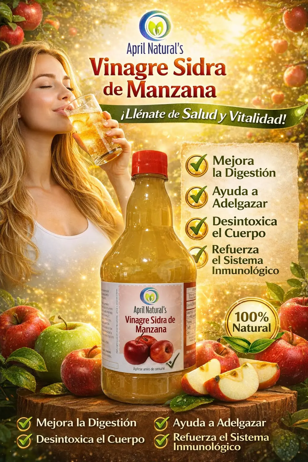 Botella de vinagre de sidra de manzana April Natural's de 750ml sobre tronco con manzanas frescas, rodeada de beneficios para la salud y mujer bebiendo.