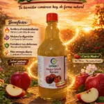 Botella de vinagre de manzana orgánico April Natural's con la madre, sobre un tronco rodeada de manzanas frescas en un huerto al atardecer.
