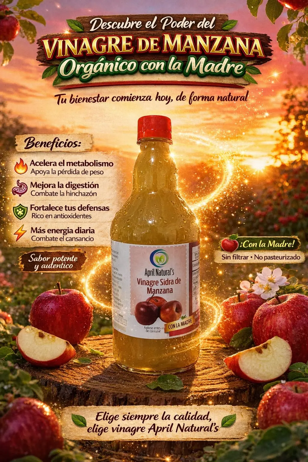 Botella de vinagre de manzana orgánico April Natural's con la madre, sobre un tronco rodeada de manzanas frescas en un huerto al atardecer.