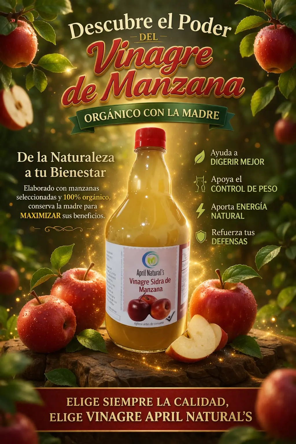 Botella de vinagre de manzana orgánico April Natural's con la madre, rodeada de manzanas rojas frescas en un entorno natural iluminado.