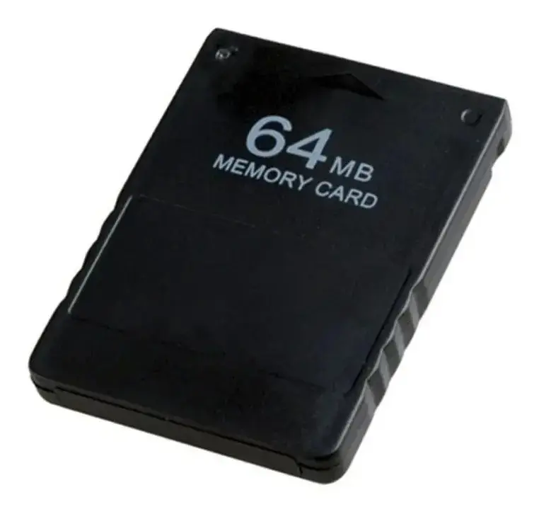 Tarjeta de memoria negra de 64 MB con diseño rectangular, bordes texturizados y etiqueta frontal con la capacidad impresa.