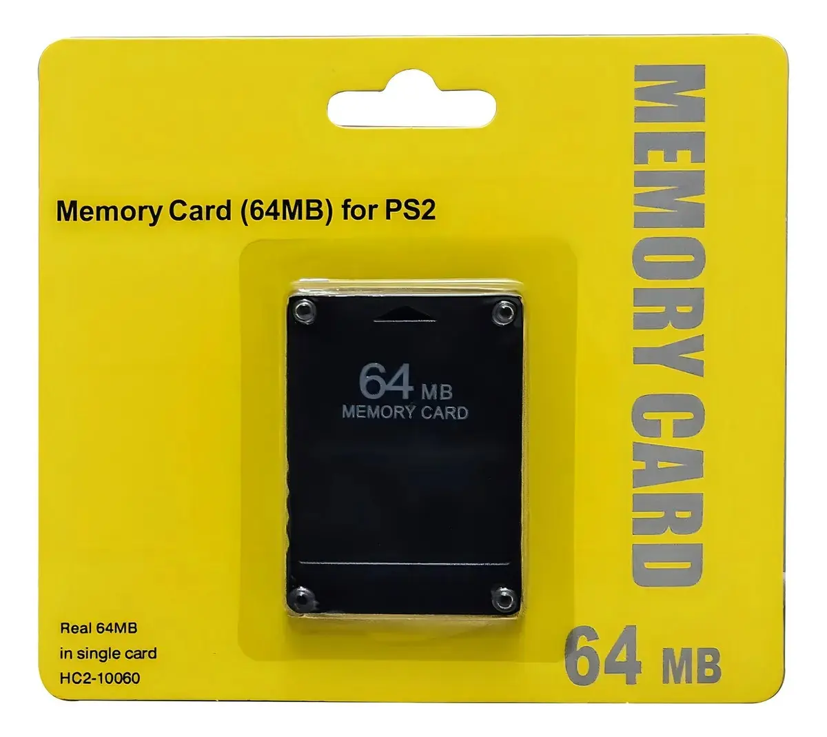 Tarjeta de memoria negra de 64MB para PS2 en su empaque de cartón amarillo con texto gris, visible en vista frontal.