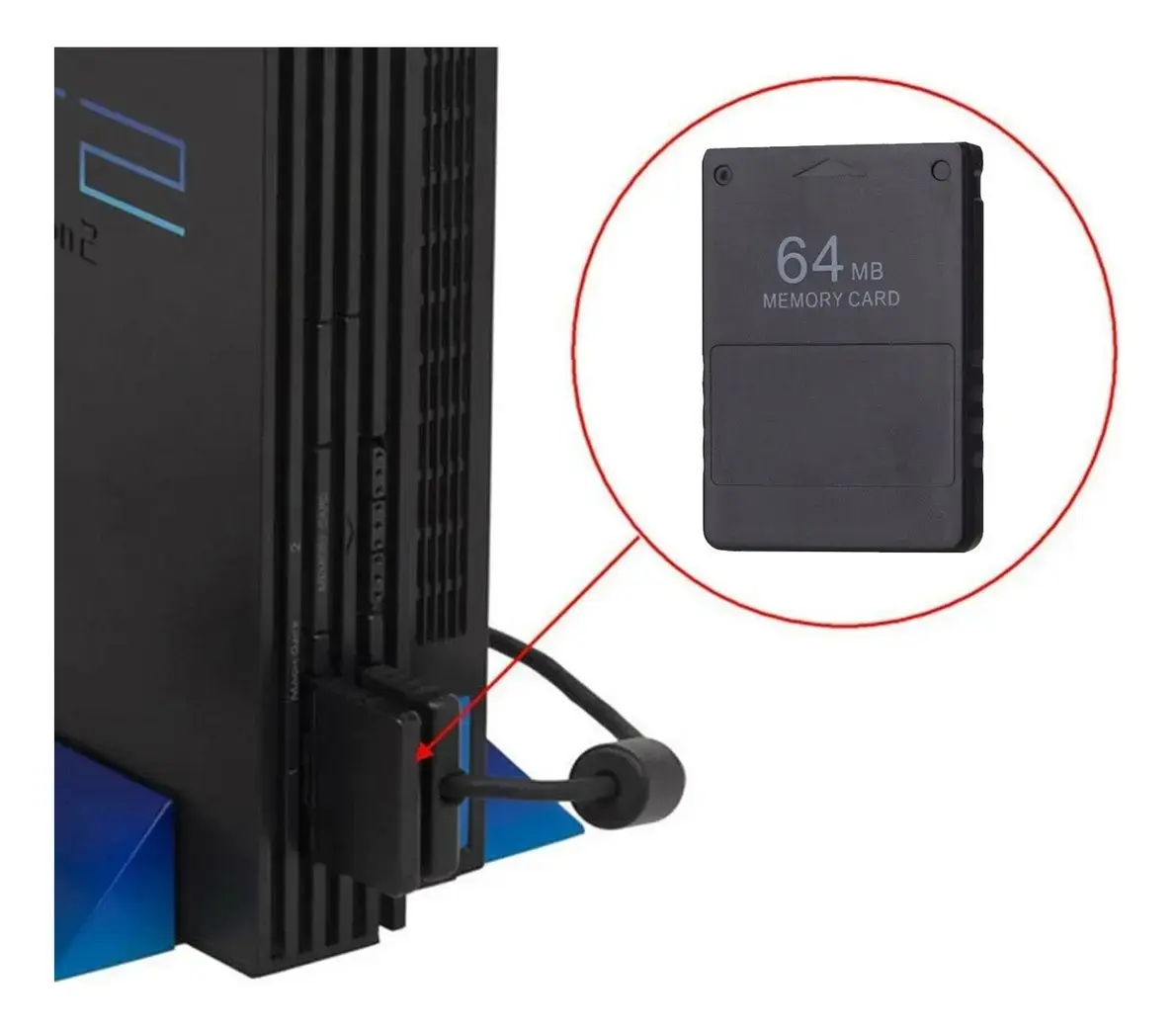 Tarjeta de memoria negra de 64 MB insertada en la ranura inferior de una consola PlayStation 2 vertical.