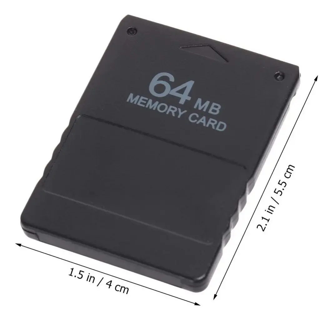 Tarjeta de memoria negra de 64 MB con textura antideslizante, dimensiones de 4 por 5,5 cm y etiqueta gris superior.