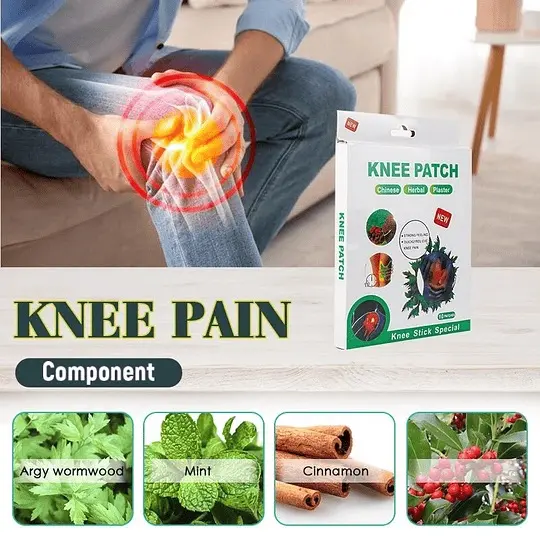 Parche verde para rodilla con hierbas naturales, caja blanca, ingredientes como artemisa, menta y canela, y hombre aliviando dolor articular.
