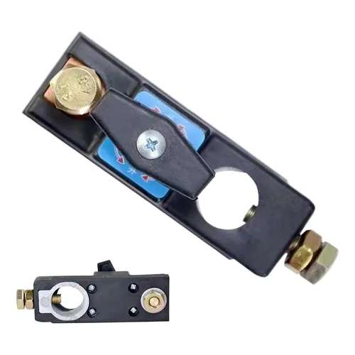 Interruptor de desconexión de batería negro para carro con borne giratorio, tornillo de ajuste y vista frontal inferior del accesorio.