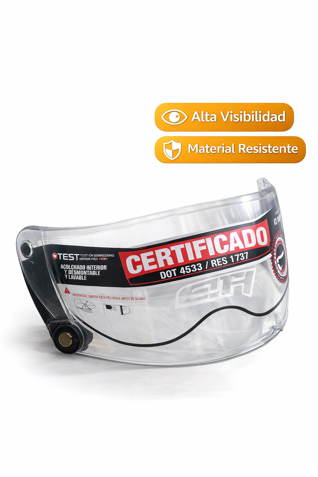 Visor transparente de policarbonato para casco con certificado impreso y pivotes laterales negros en fondo blanco.