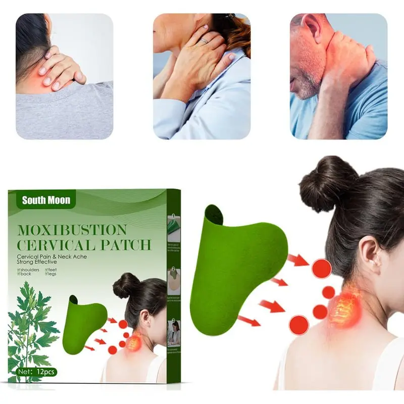 Parche verde ergonómico de moxibustión para el cuello, diseñado para aliviar dolores cervicales y musculares con calor natural.