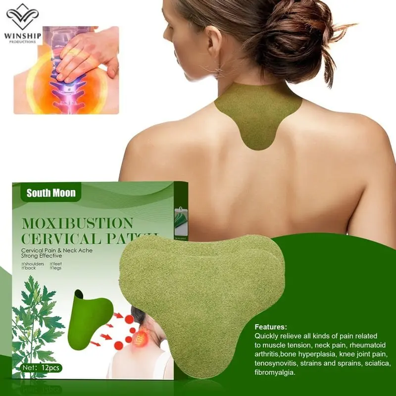 Parche verde de moxibustión para el cuello con forma anatómica, colocado sobre la piel para aliviar el dolor cervical.