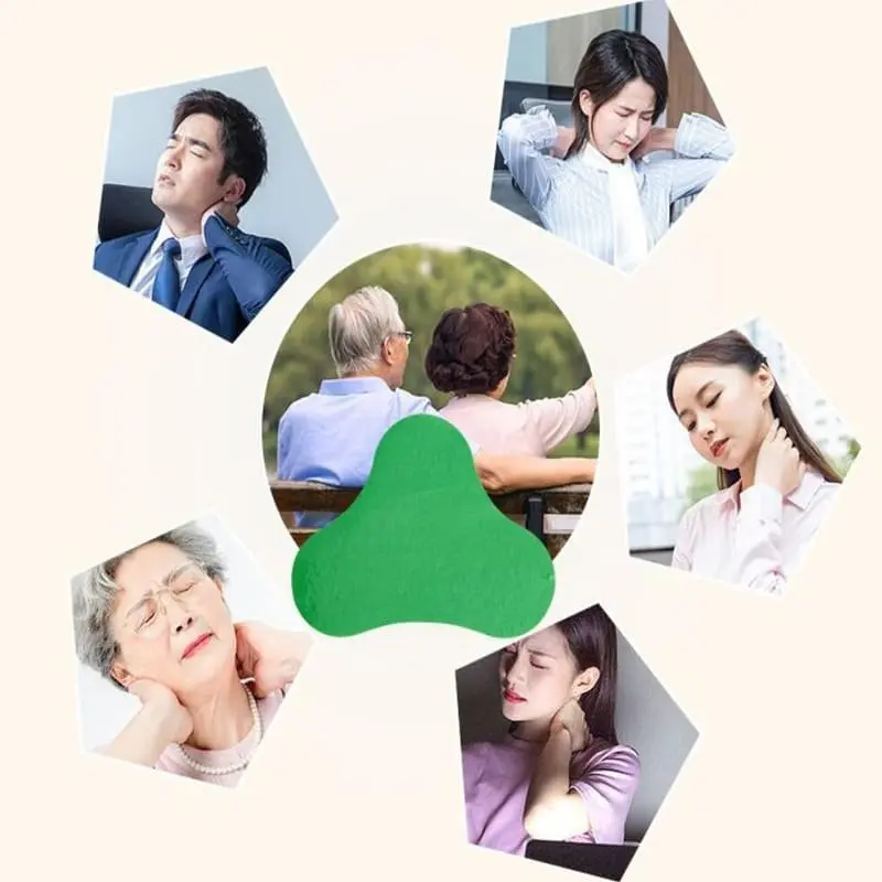 Parche verde para cuello con calor natural para aliviar dolor cervical, rodeado por personas tocándose el cuello adolorido.