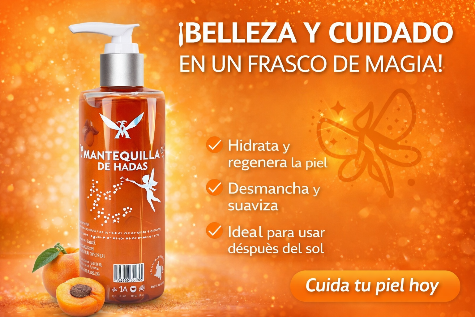 Frasco dispensador de mantequilla corporal hidratante sobre fondo naranja brillante, junto a un durazno y su fruto partido.