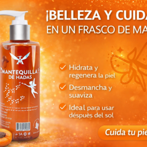 Frasco dispensador de mantequilla corporal para hadas en fondo naranja brillante, acompañado de duraznos frescos y beneficios detallados.