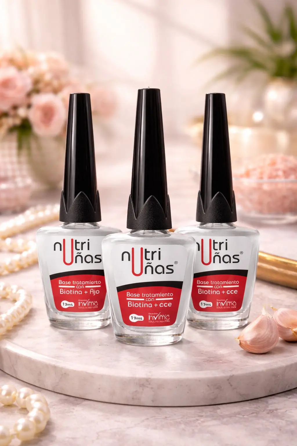 Trío de bases fortalecedoras Nutriuñas de 13 ml sobre bandeja de mármol, flanqueadas por perlas y ajos, destacando variantes con biotina, ajo y cce.