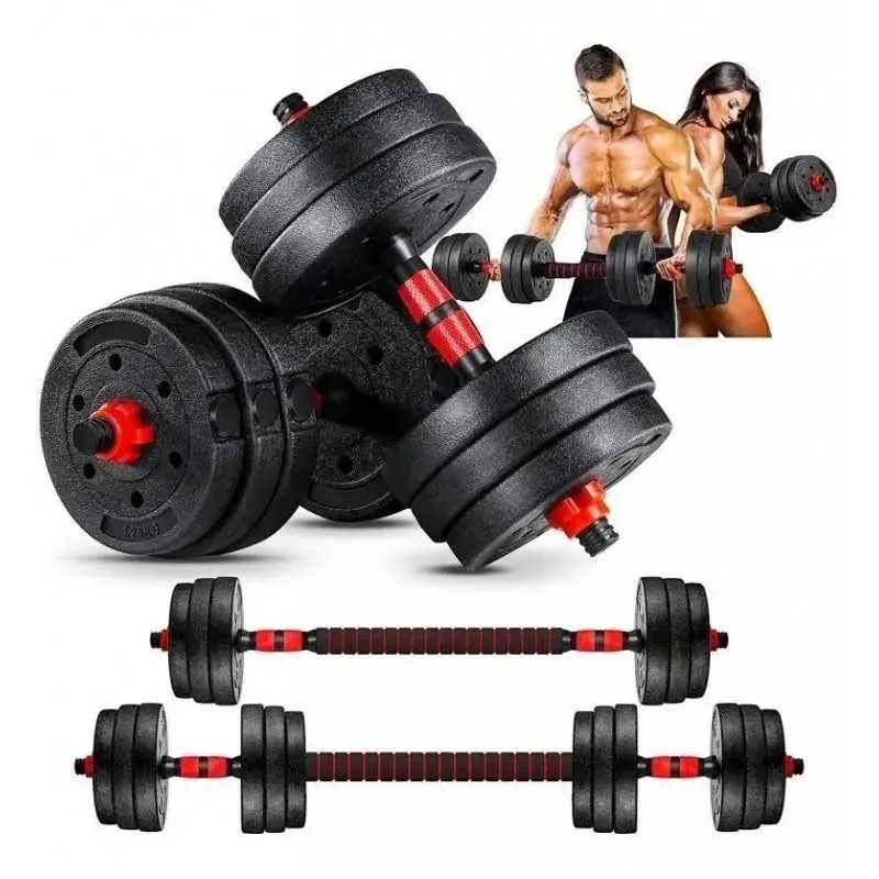 Set de mancuernas ajustables negras con detalles rojos, convertibles en barra, incluye discos de peso y barras con agarre antideslizante para entrenamiento.