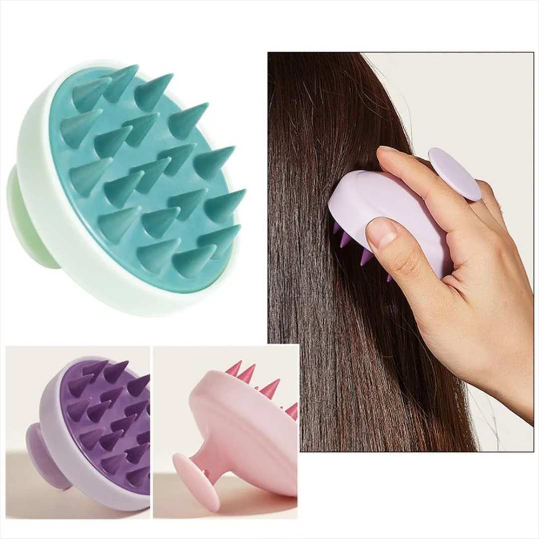Cepillos masajeadores de cuero cabelludo con cerdas de silicona, disponibles en colores pastel, usados para limpieza profunda y estimulación capilar.