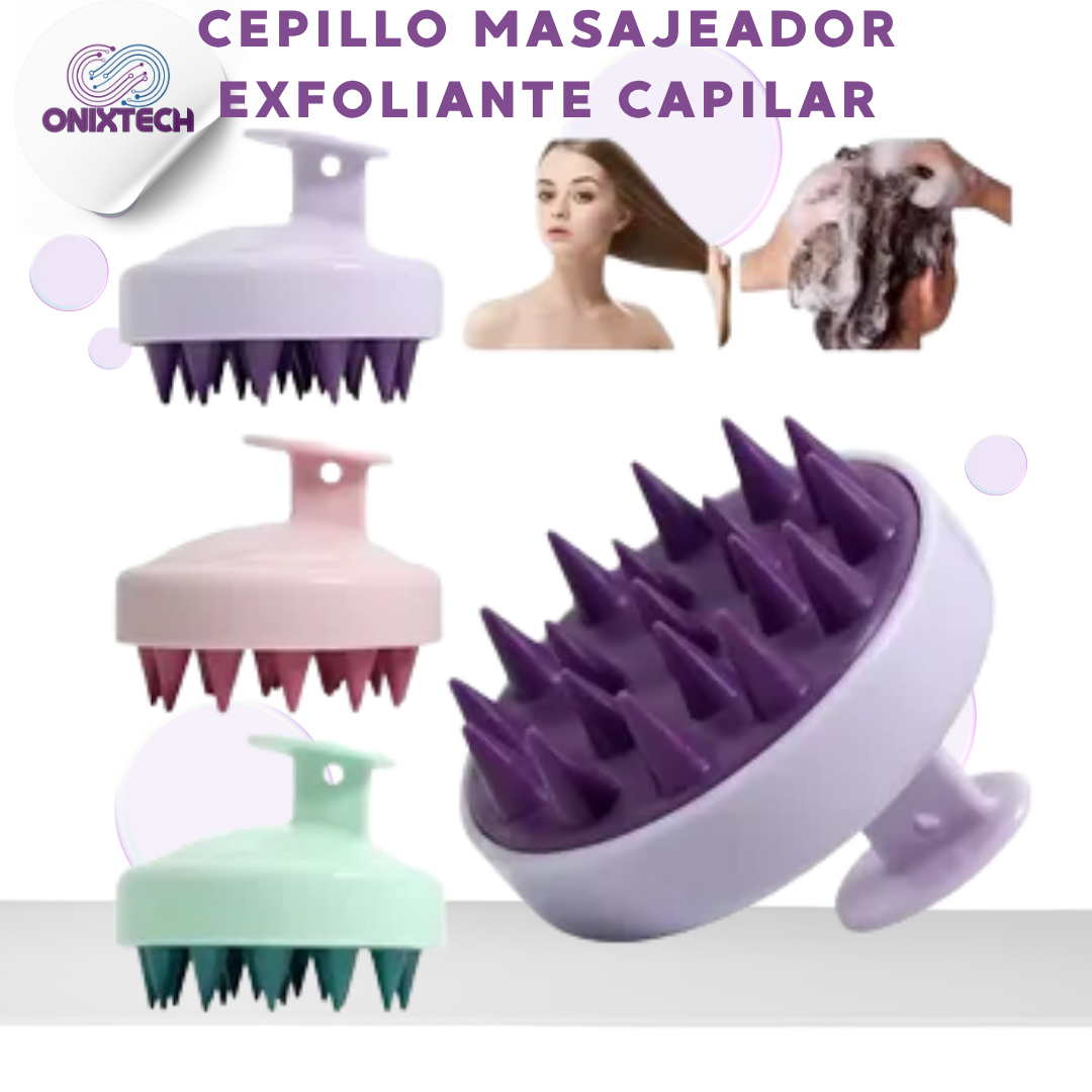 Cepillo masajeador ergonómico y exfoliante de cuero cabelludo con cerdas de silicona, en colores lavanda, rosa y verde menta.