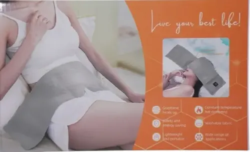 Caja de masajeador eléctrico de calor terapéutico gris con mujer usándolo en abdomen para aliviar dolores musculares.